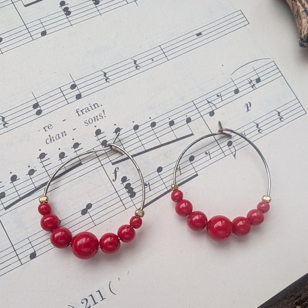 Vintage Red Beaded Hoop Earrings
